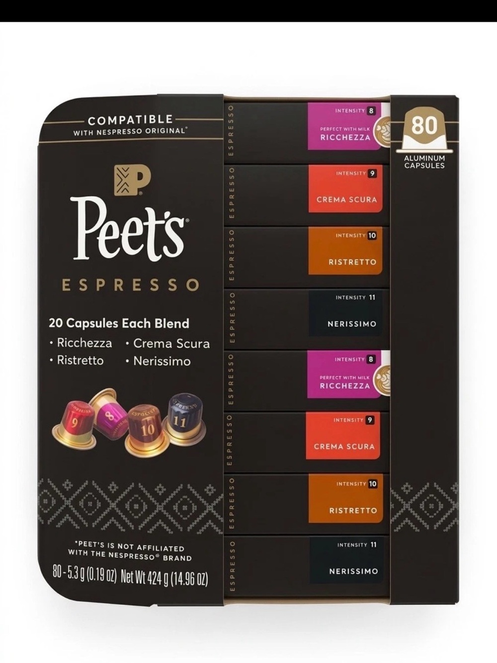 Peet's Coffee Nespresso Compatible Aluminum Capsules 80 Count variety pack